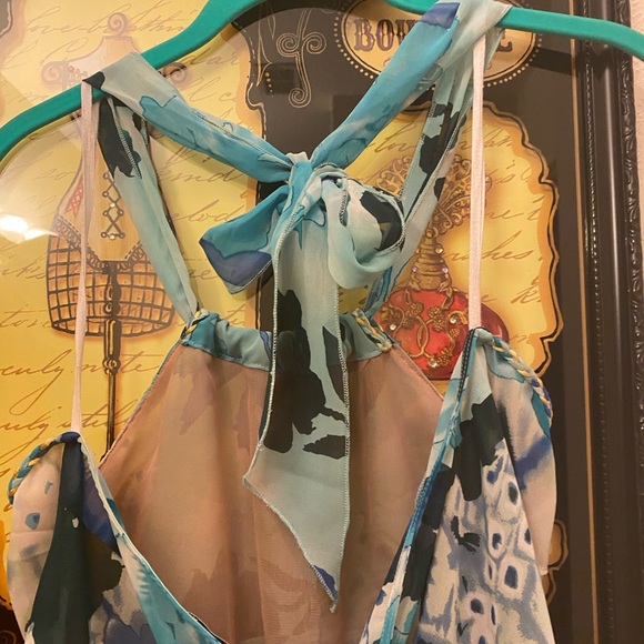 Sheer halter tie top- turquoise floral. Size Large - Picture 4 of 6